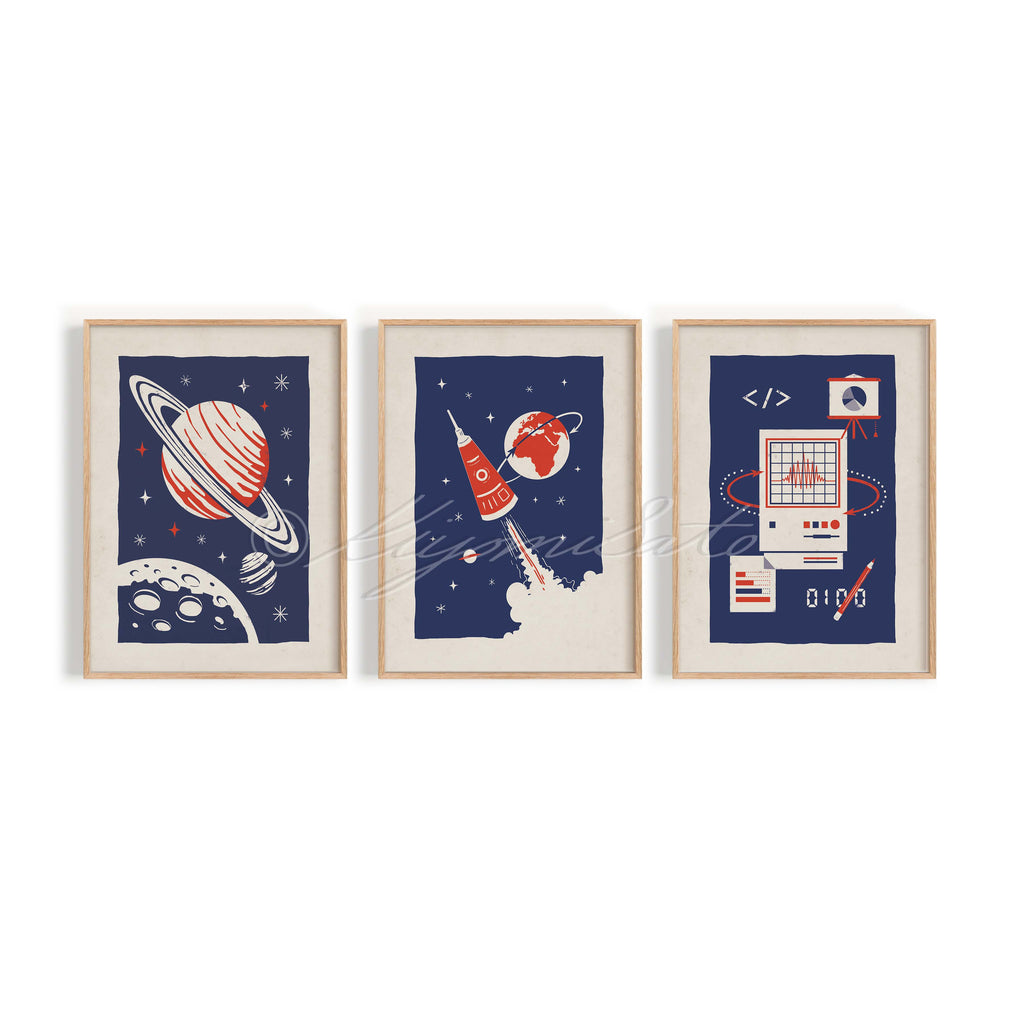 Retro Science Space Exploration Art Poster Set of 3