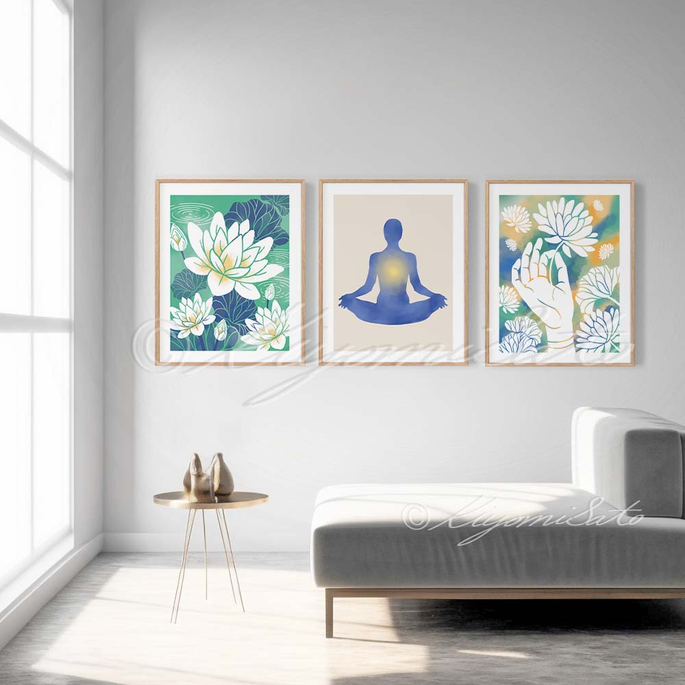 Yoga meditation Pose and Lotus Flower Art Set of 3