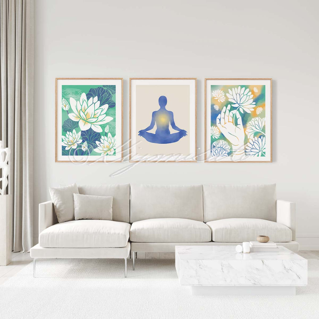 Yoga meditation Pose and Lotus Flower Art Set of 3