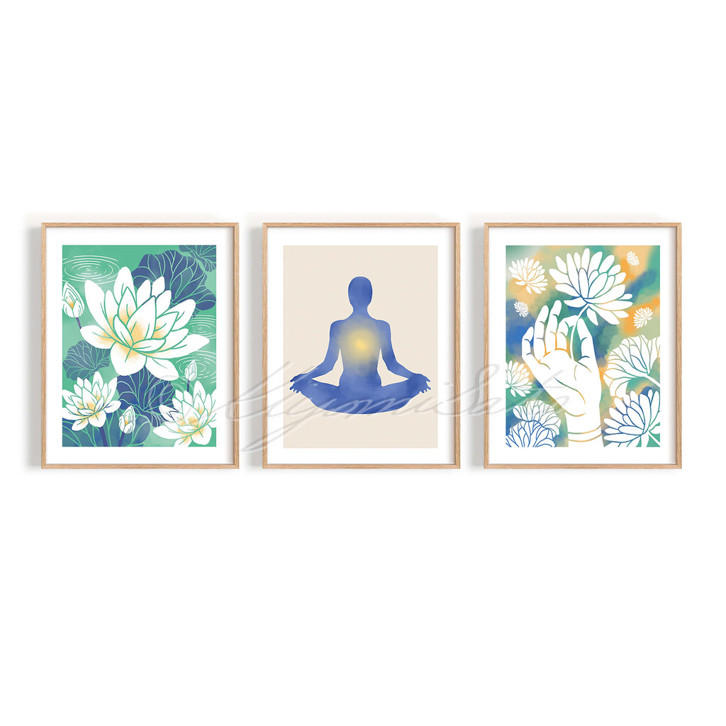 Yoga meditation Pose and Lotus Flower Art Set of 3