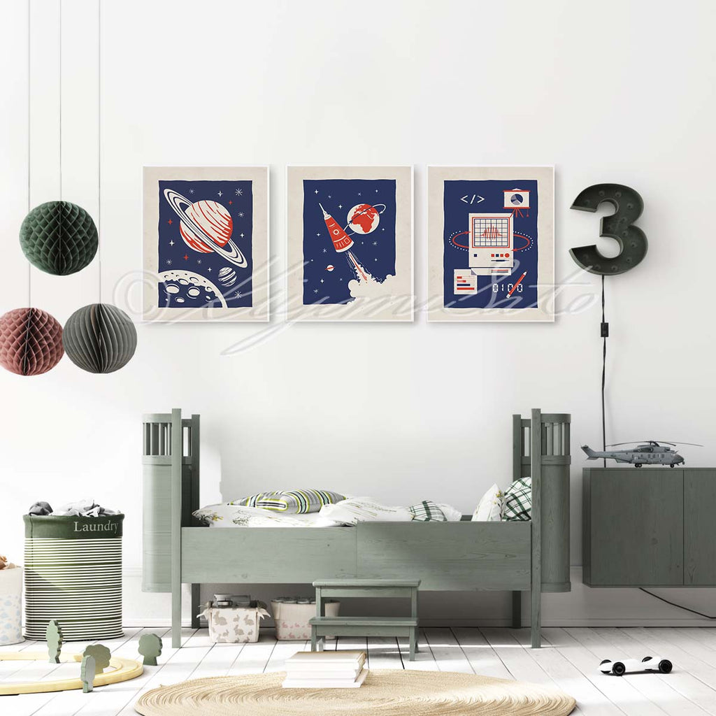 Retro Science Space Exploration Art Poster Set of 3