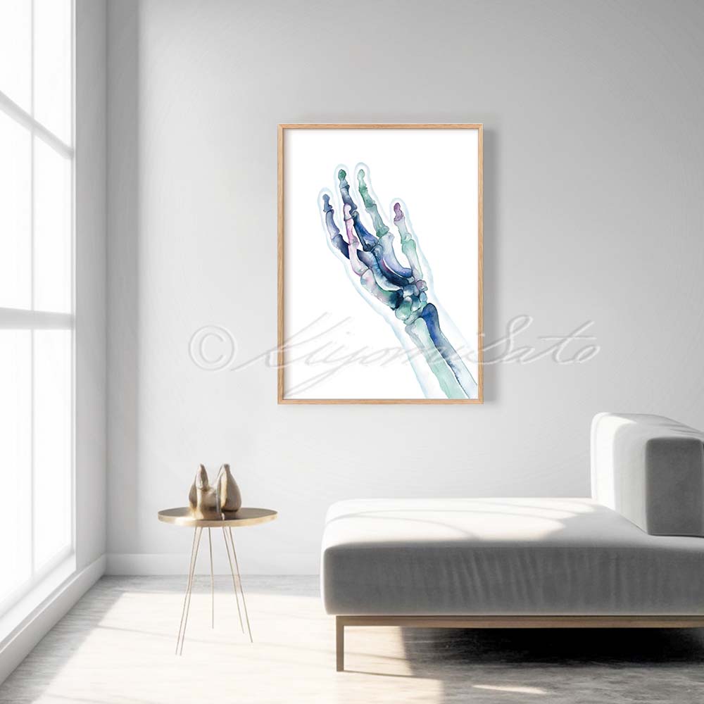 Watercolor Blue Hand Bones Art