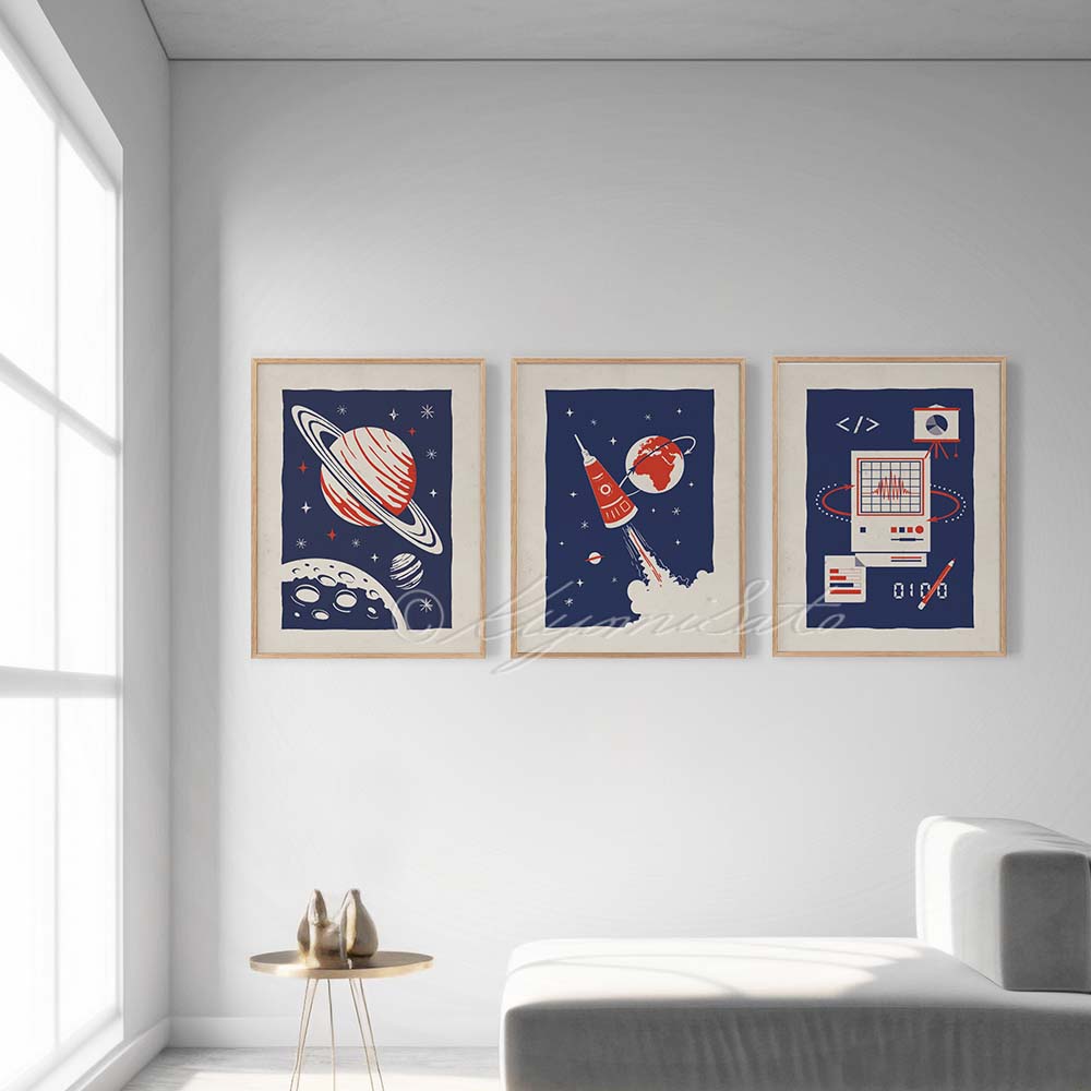 Retro Science Space Exploration Art Poster Set of 3