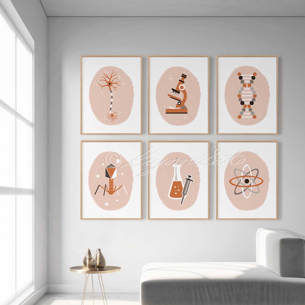 Science Nursery Decor Set of 6 in Coral Color