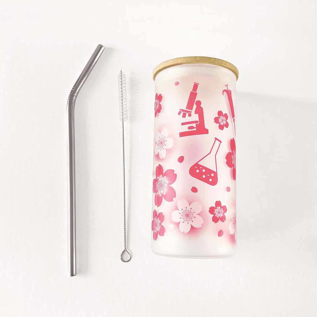 Science themed Sakura frosted glass tumbler 18 oz