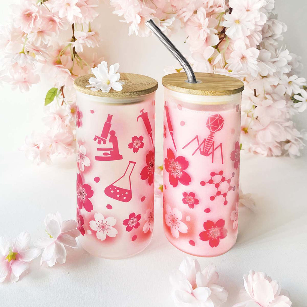 Science themed Sakura frosted glass tumbler 18 oz