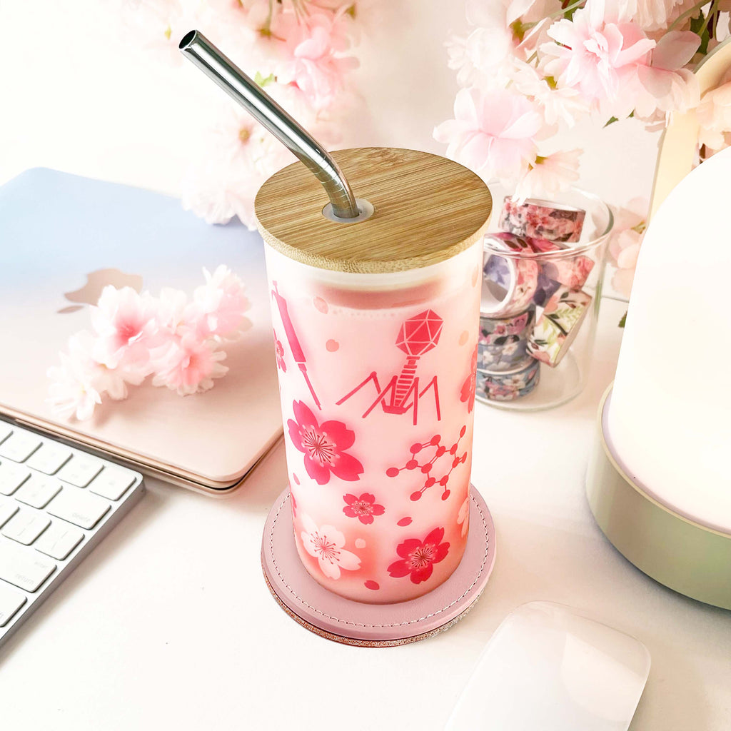 Science themed Sakura frosted glass tumbler 18 oz