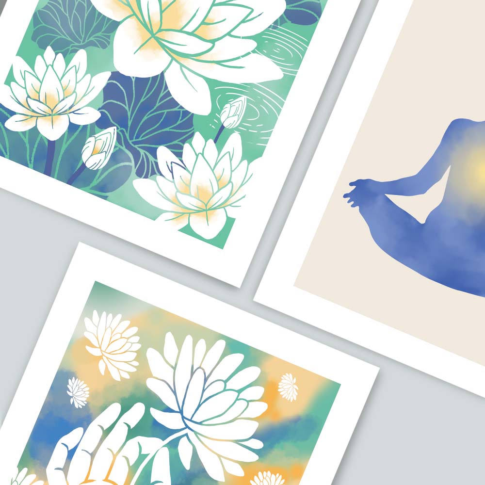 Yoga meditation Pose and Lotus Flower Art Set of 3